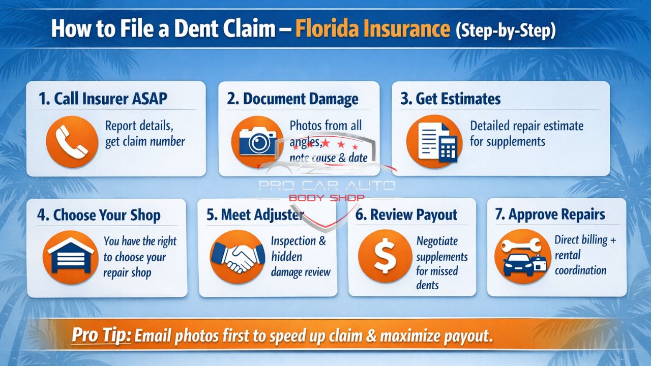 Step-by-step guide to filing a dent insurance claim in Florida including documenting damage, getting estimates, meeting adjuster, and approving repairs.