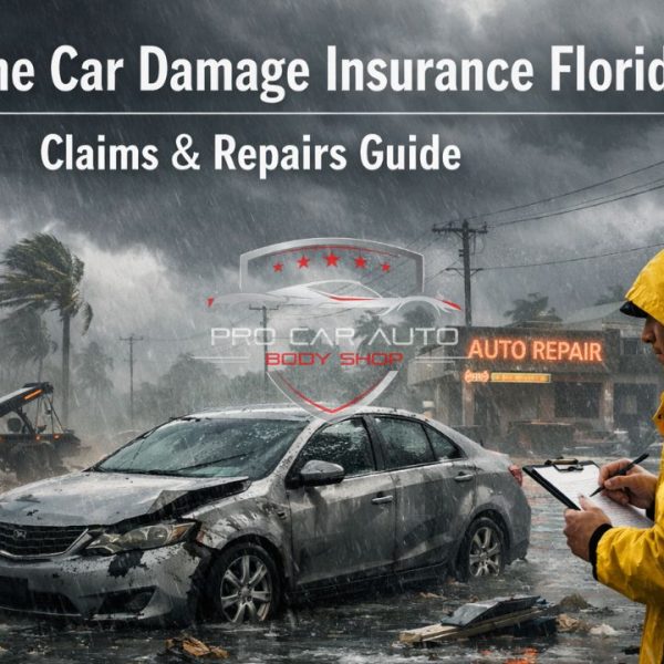 Hurricane car damage in Florida showing flooded vehicle, storm debris, and insurance adjuster assessing damage for claim and repair 