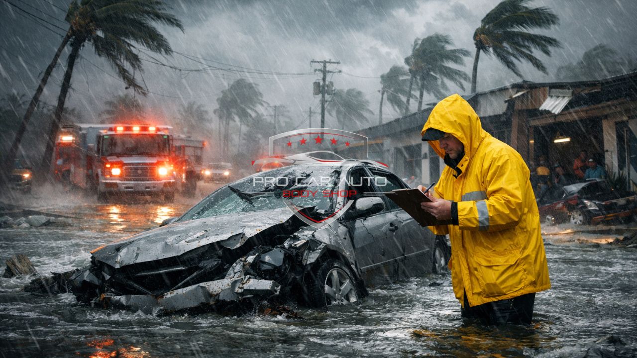Severely damaged car submerged in floodwater during a Florida hurricane while an insurance adjuster assesses storm damage for claim and repair.