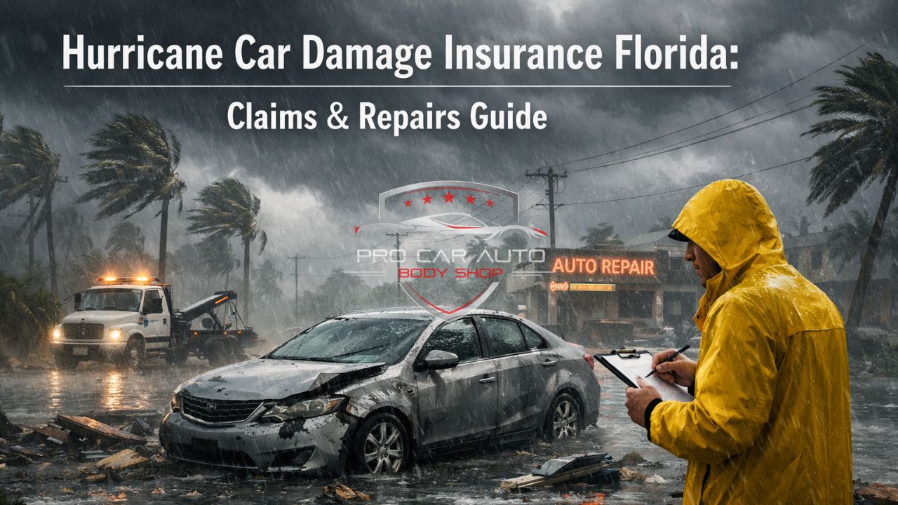 Hurricane car damage in Florida showing flooded vehicle, storm debris, and insurance adjuster assessing damage for claim and repair 