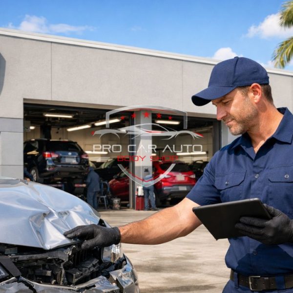 Insurance approved auto body shop in Florida inspecting front end collision damage with technician using tablet for repair estimate 