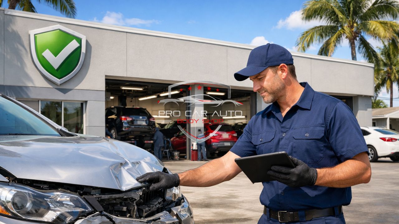 Insurance approved auto body shop in Florida inspecting front end collision damage with technician using tablet for repair estimate 