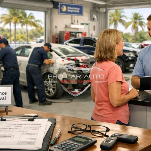 Customer speaking with auto body shop advisor at insurance approved collision repair center in Florida while technicians repair vehicles in background 