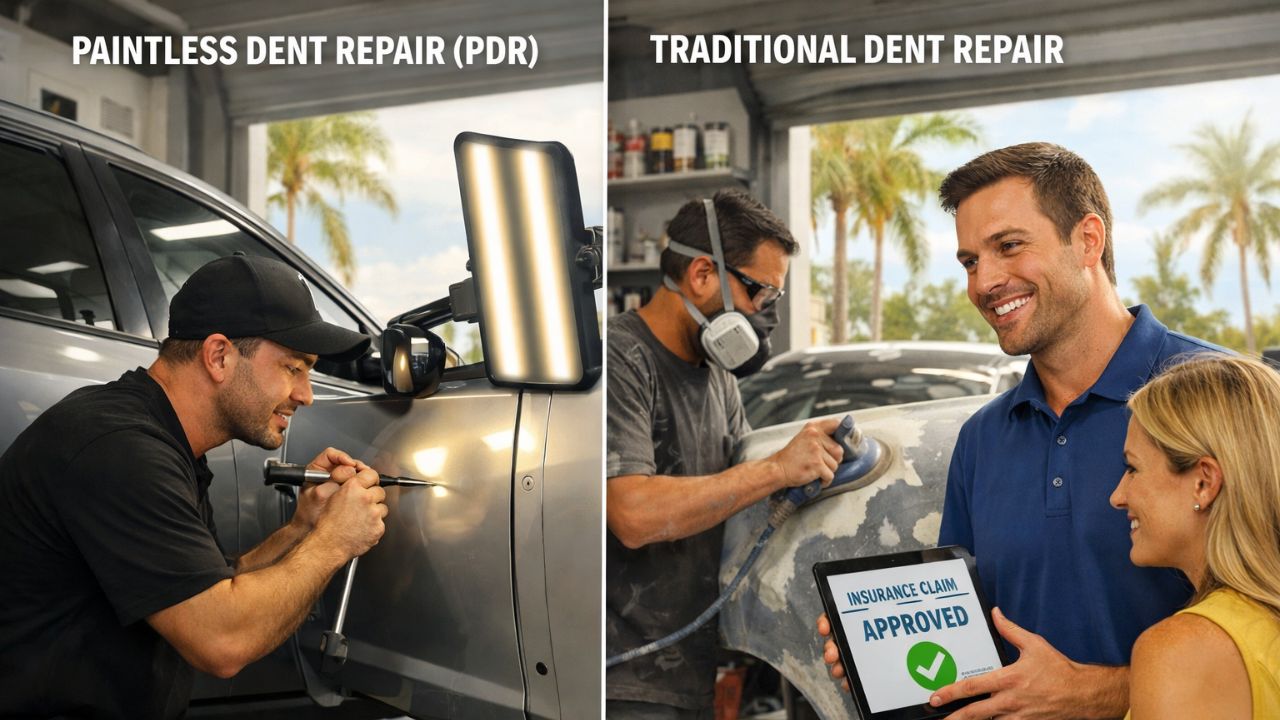 Paintless dent repair (PDR) vs traditional dent repair comparison in Florida auto body shop showing damage removal and insurance-approved repair process.