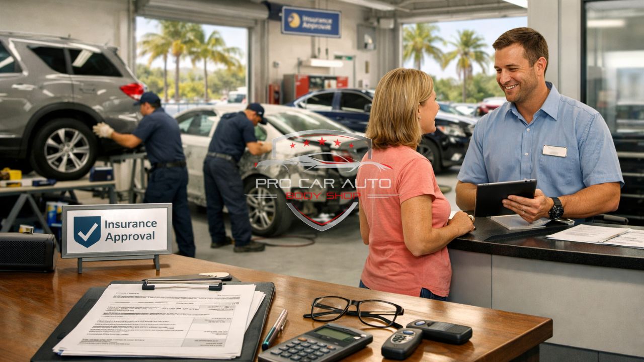 Customer speaking with auto body shop advisor at insurance approved collision repair center in Florida while technicians repair vehicles in background 
