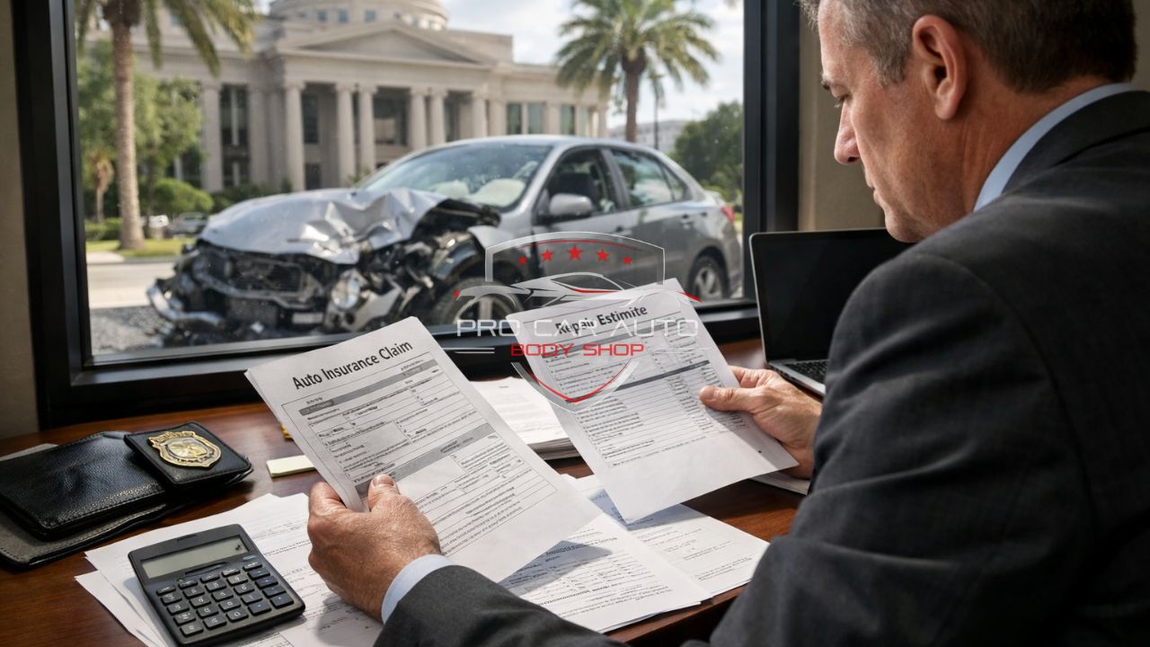 Insurance adjuster reviewing auto insurance claim and repair estimate in Florida with damaged car visible outside, highlighting claim verification and approval process.
