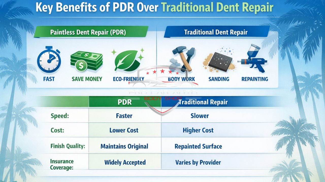 Key benefits of paintless dent repair vs traditional dent repair in Florida showing faster service, lower cost, eco-friendly process, and better finish quality.