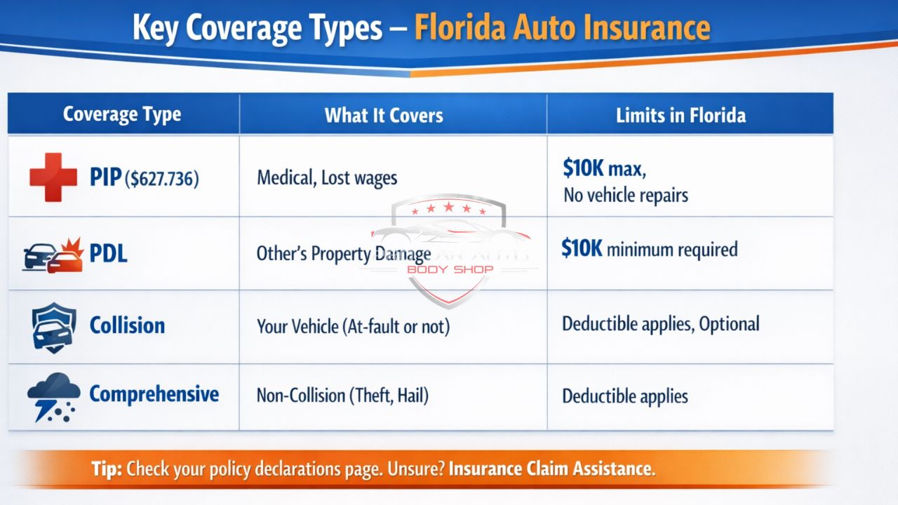 Florida auto insurance coverage types infographic showing PIP, PDL, collision, and comprehensive coverage limits for vehicle repairs.