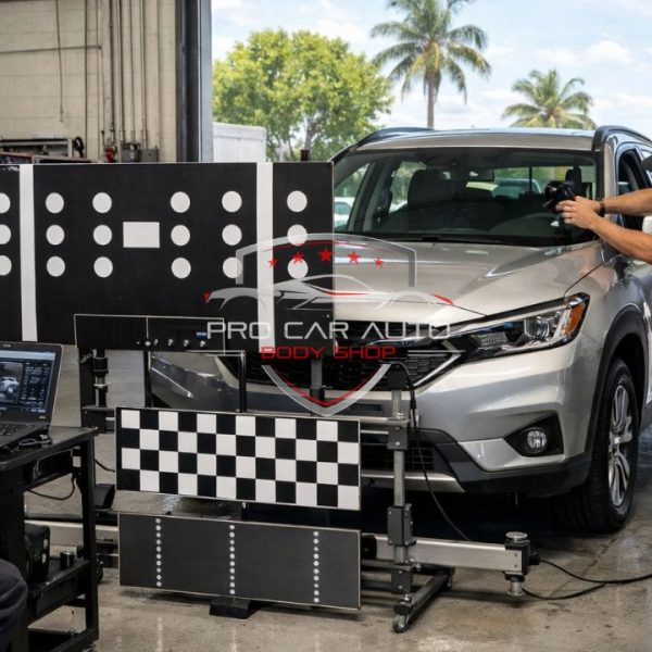 Technicians performing lane departure warning system calibration using ADAS target boards and diagnostic equipment in a Florida auto body shop 