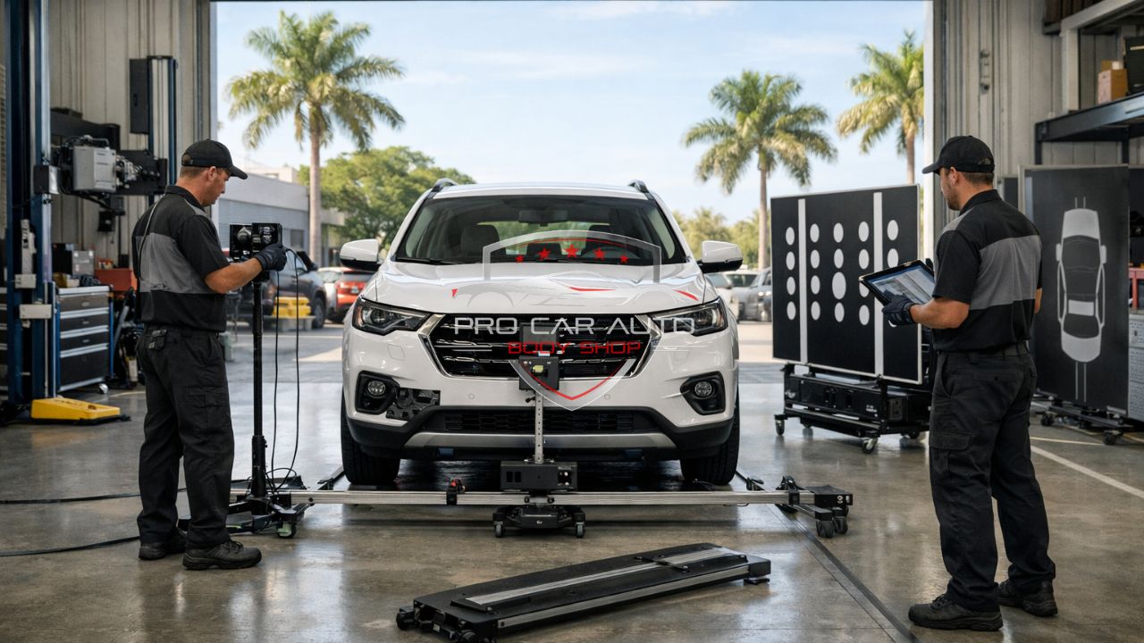 Front ADAS camera calibration using precision target system for lane departure and collision avoidance in a Florida auto body shop.