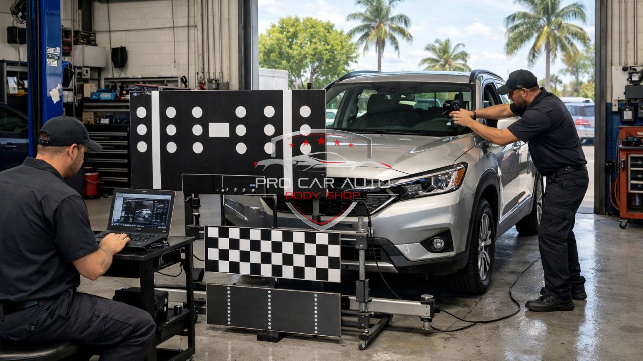 Technicians performing lane departure warning system calibration using ADAS target boards and diagnostic equipment in a Florida auto body shop