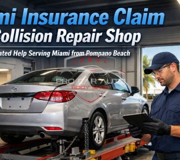 Miami insurance claim collision repair shop servicing Miami from Pompano Beach, showing technician inspecting vehicle on frame machine for accident damage and insurance approved repairs 