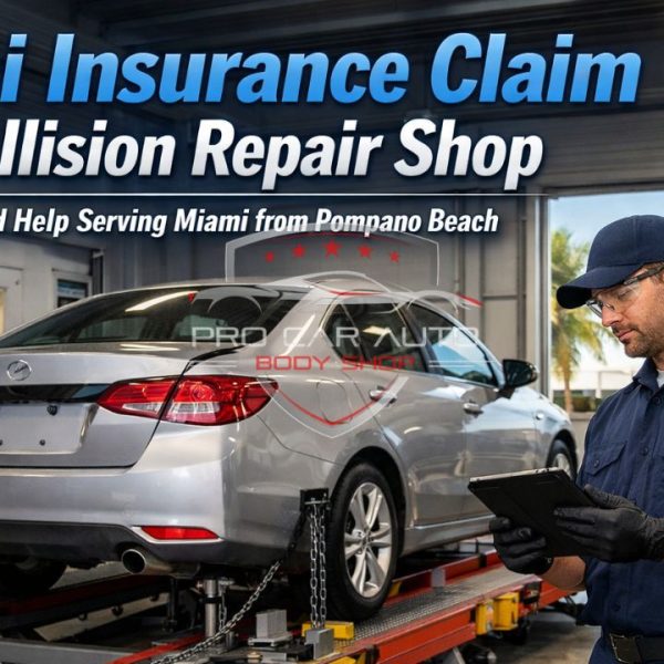 Miami insurance claim collision repair shop servicing Miami from Pompano Beach, showing technician inspecting vehicle on frame machine for accident damage and insurance approved repairs 