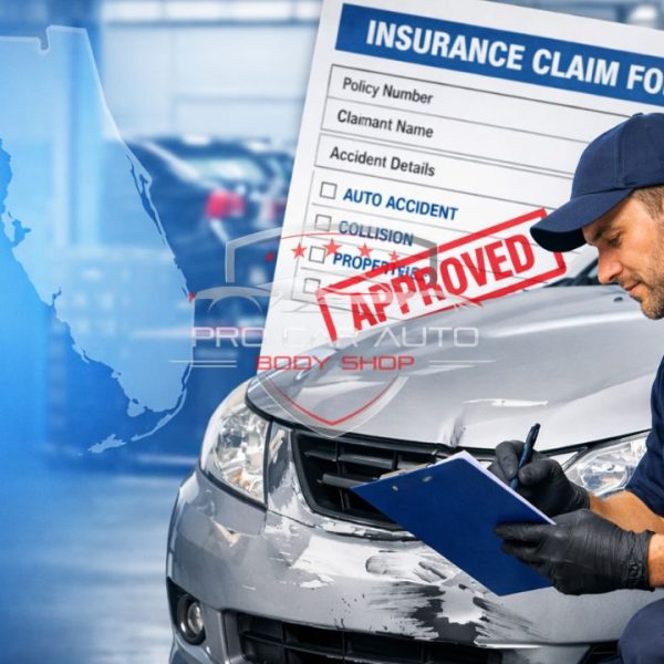Auto body technician inspecting front end collision damage while completing an approved insurance claim form in Florida 