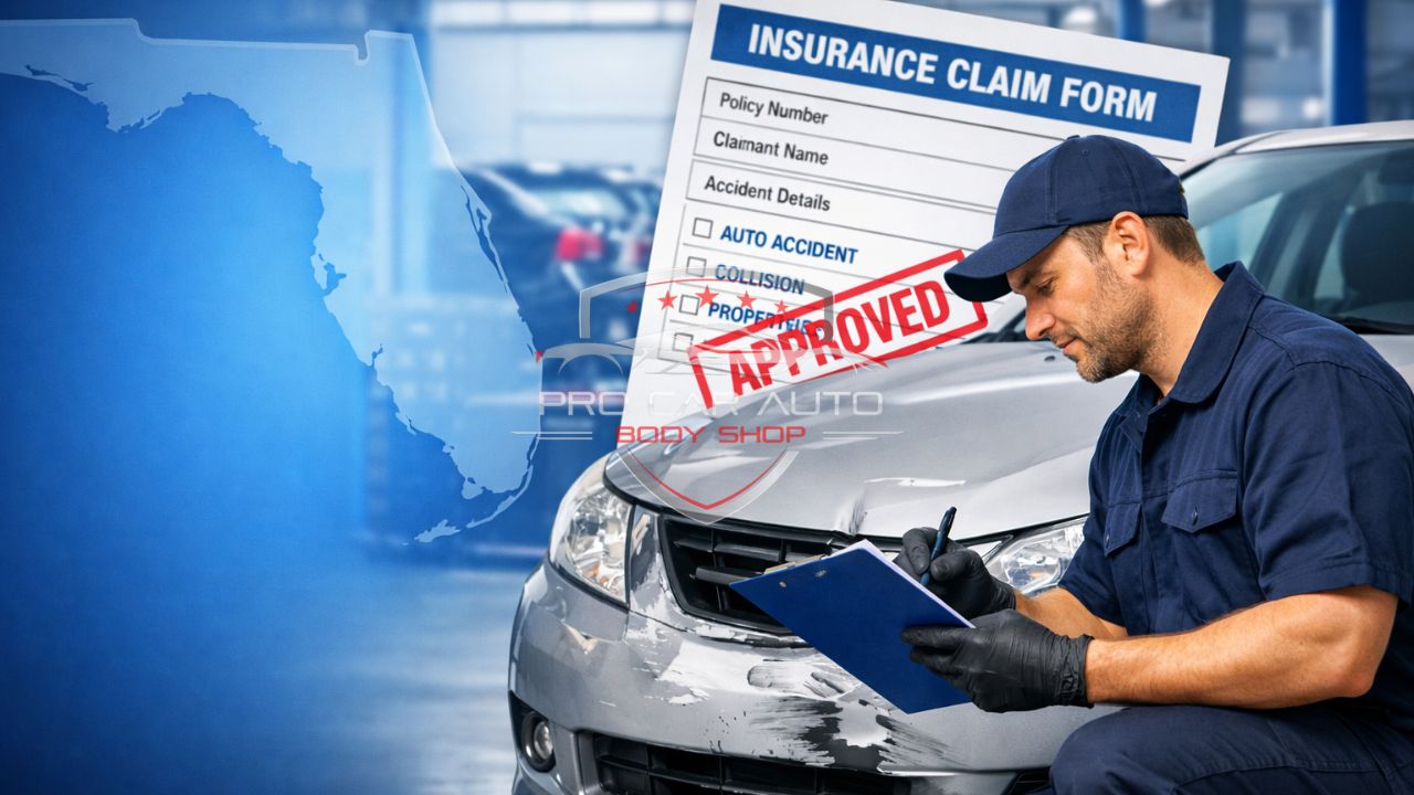Auto body technician inspecting front end collision damage while completing an approved insurance claim form in Florida 