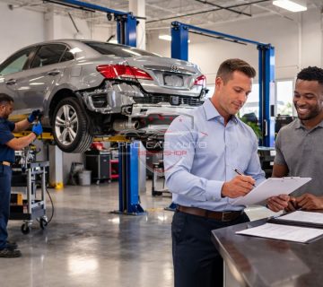 Auto body shop in Florida handling insurance claim repair with technician fixing rear bumper damage and service advisor reviewing estimate with customer 