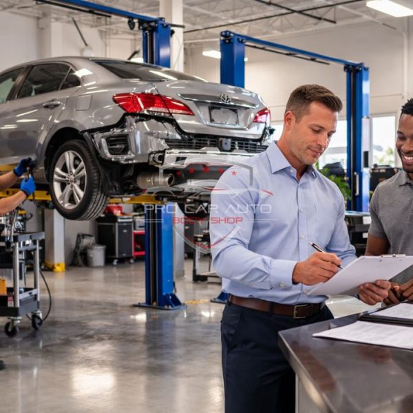 Auto body shop in Florida handling insurance claim repair with technician fixing rear bumper damage and service advisor reviewing estimate with customer 