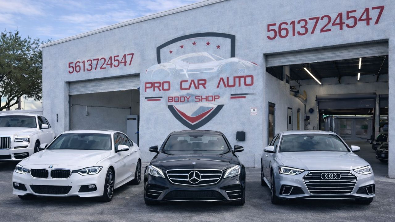 Orlando auto body shop exterior providing insurance claim collision repair services in Central Florida with luxury vehicles parked outside.