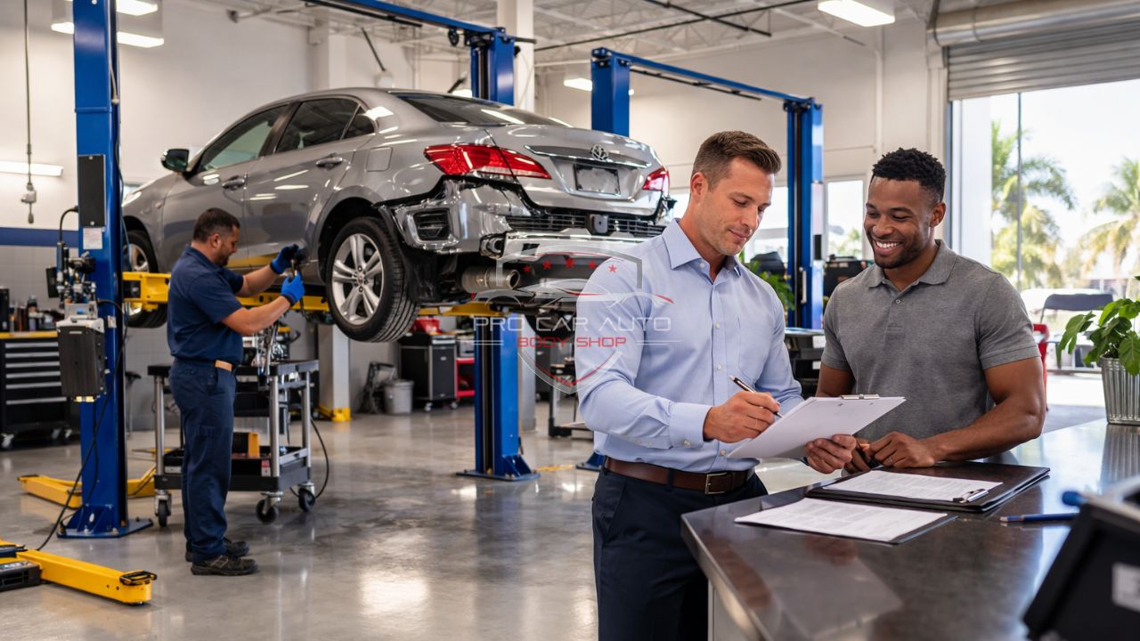 Auto body shop in Florida handling insurance claim repair with technician fixing rear bumper damage and service advisor reviewing estimate with customer