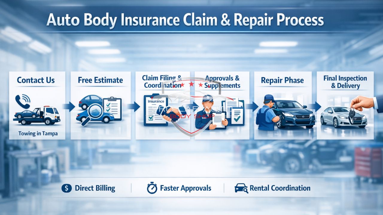 Infographic showing the complete auto body insurance claim and repair process, including towing, estimate, claim coordination, approvals, repair, and final delivery.