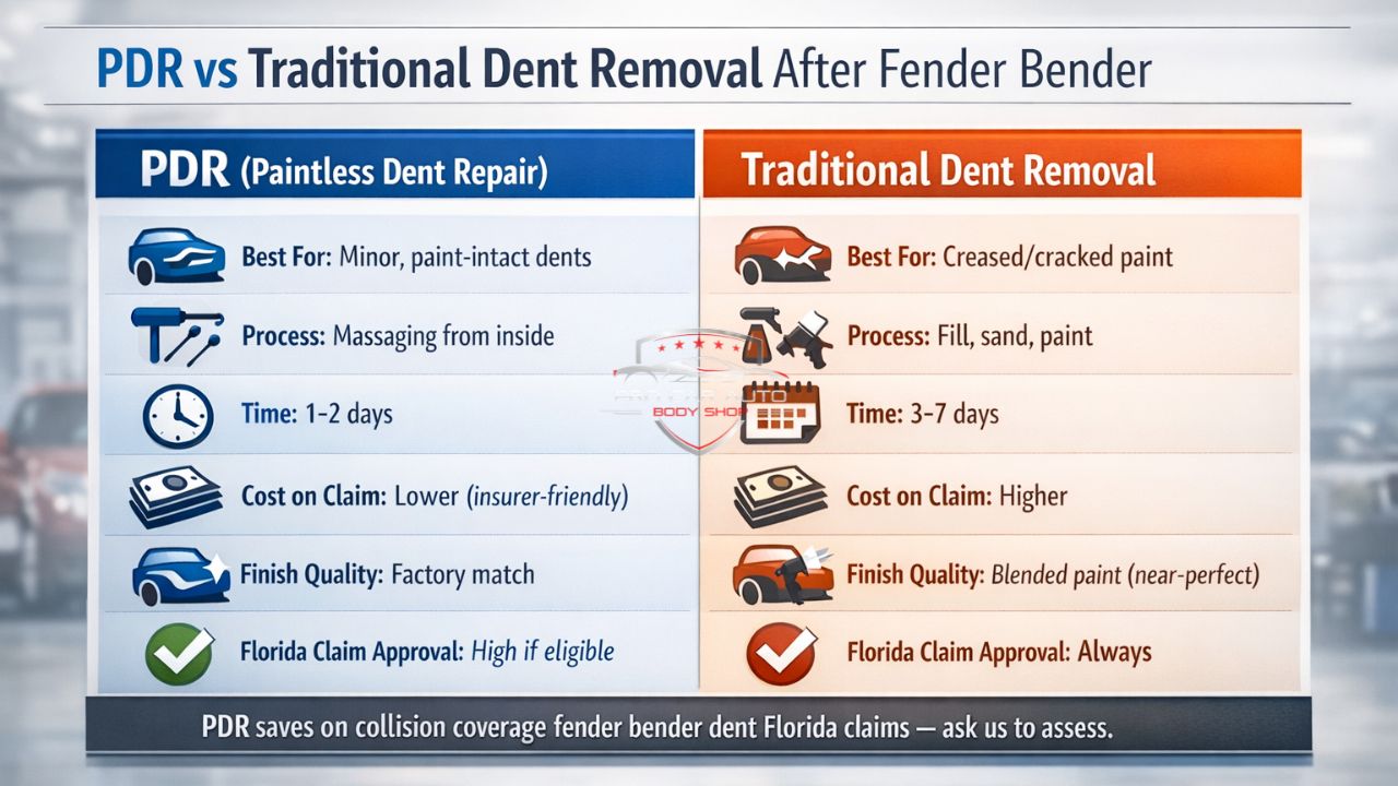 Comparison of paintless dent repair vs traditional dent removal after fender bender showing cost, time, process, and insurance approval in Florida.