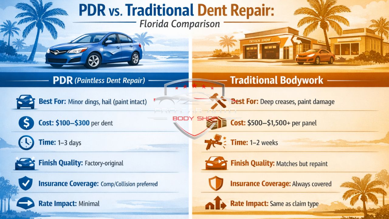 PDR vs traditional dent repair Florida comparison showing cost, time, finish quality, and insurance coverage for vehicle dent repair.