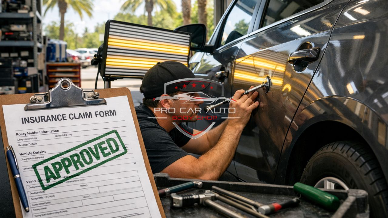 Paintless dent repair technician fixing car door dent with insurance claim form approved in Florida auto body shop.