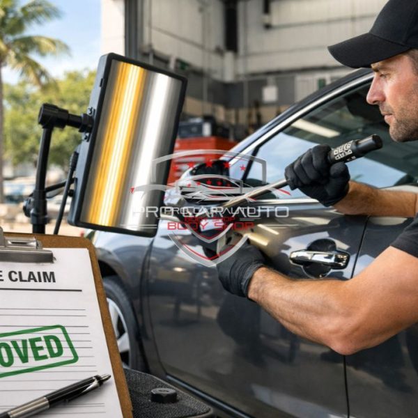 Paintless dent repair technician fixing car dent in Florida with insurance claim approved document visible during PDR process 
