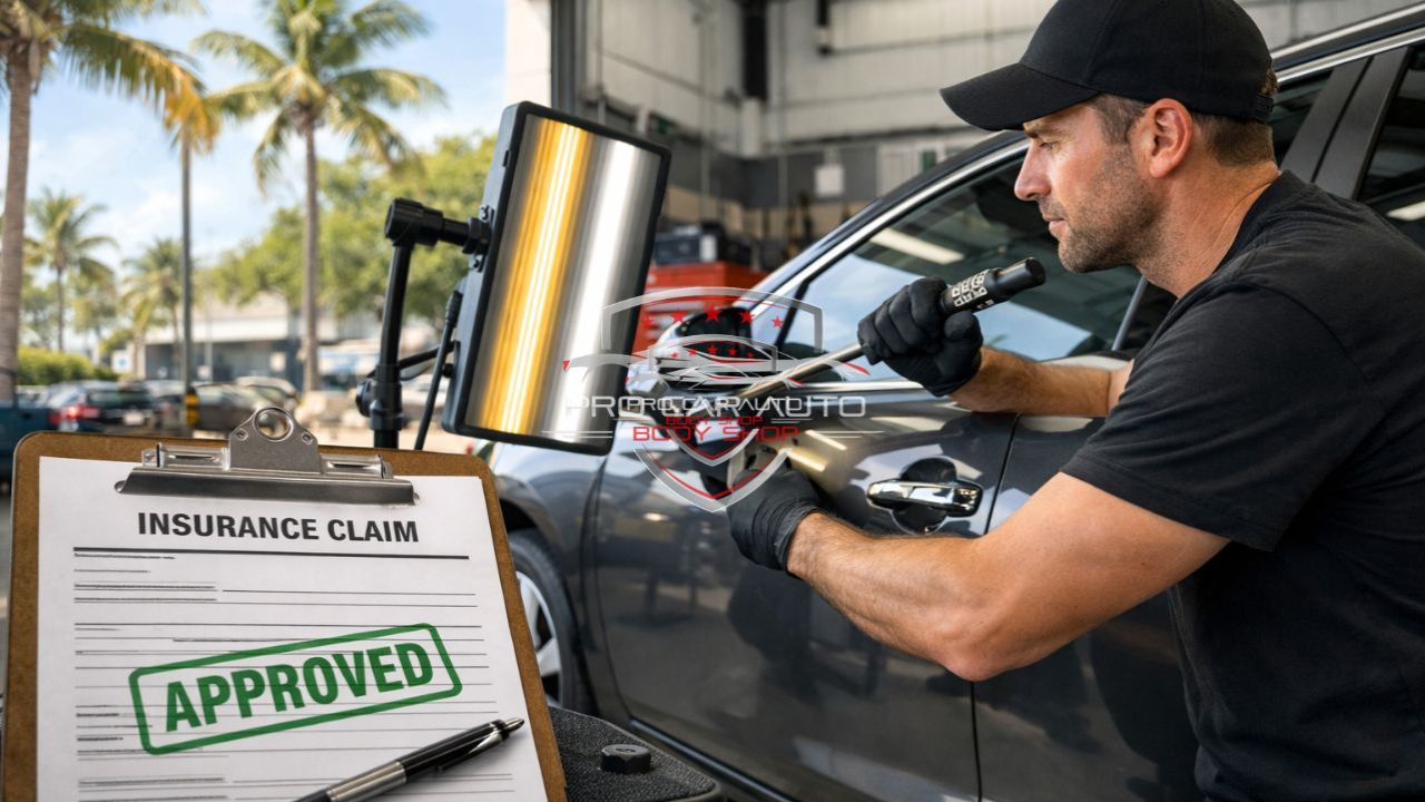 Paintless dent repair technician fixing car dent in Florida with insurance claim approved document visible during PDR process 