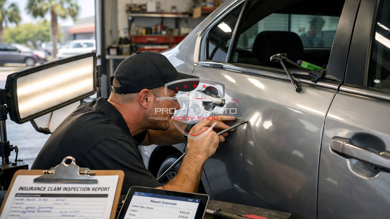 Technician performing paintless dent repair (PDR) on a car door using precision tools and lighting for an insurance claim in Florida 