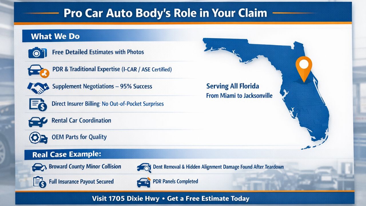 Auto body shop services in Florida showing insurance claim assistance, dent repair, supplement negotiation, and direct insurer billing by Pro Car Auto Body.
