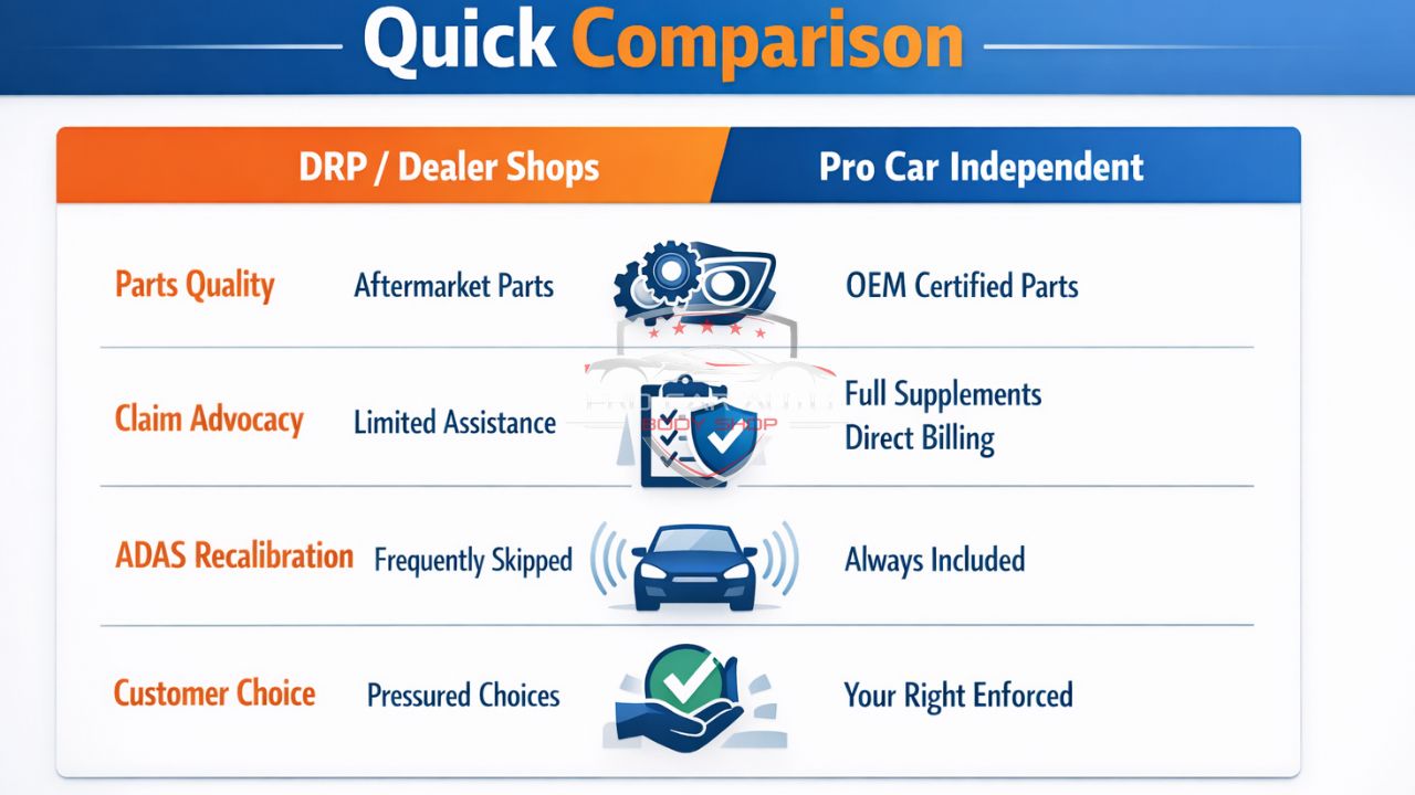 DRP dealer shop vs independent auto body shop comparison infographic showing OEM parts, claim advocacy, ADAS recalibration, and customer choice.