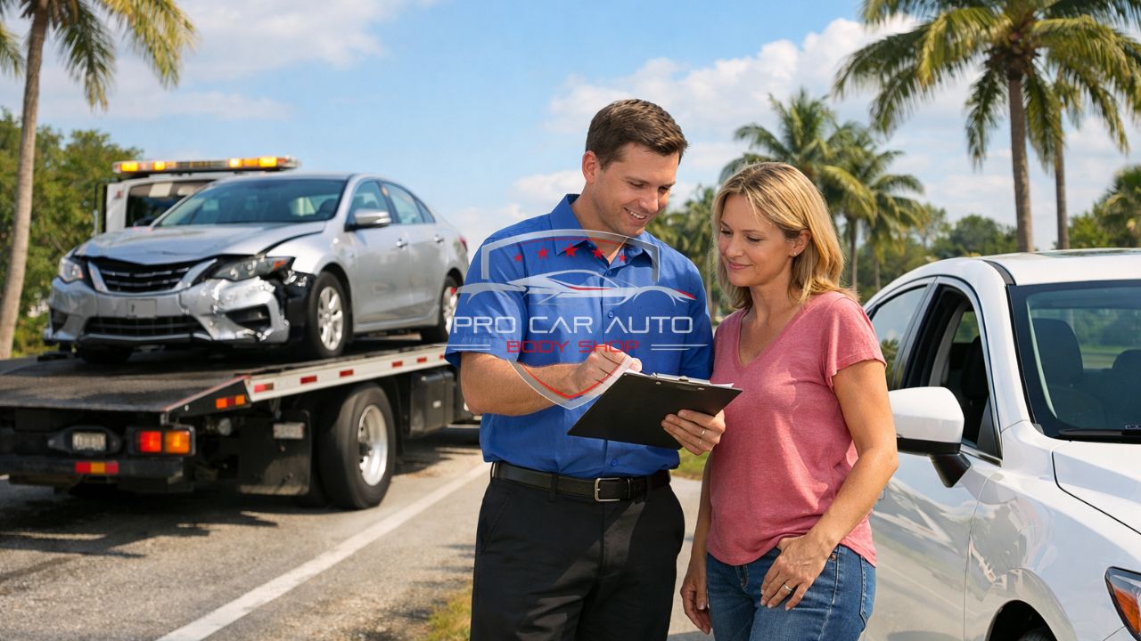 Florida accident scene with tow truck and damaged car while driver reviews insurance claim and rental car assistance with roadside expert.