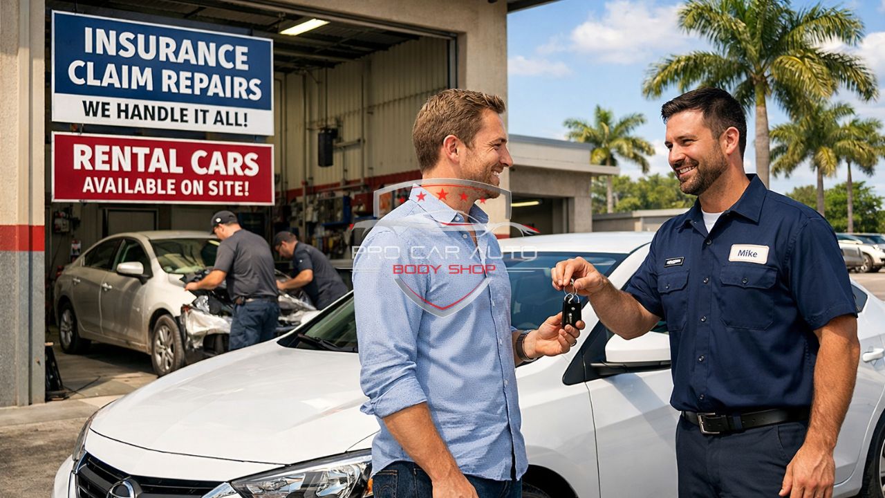 Florida auto body shop providing insurance claim repairs and rental car assistance while technician hands keys to customer after accident repair.