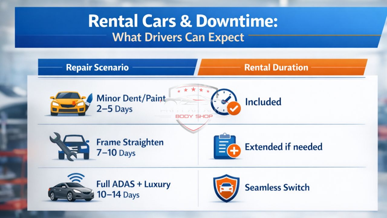 Rental cars and repair downtime infographic showing expected rental duration during collision repairs in Fort Lauderdale.