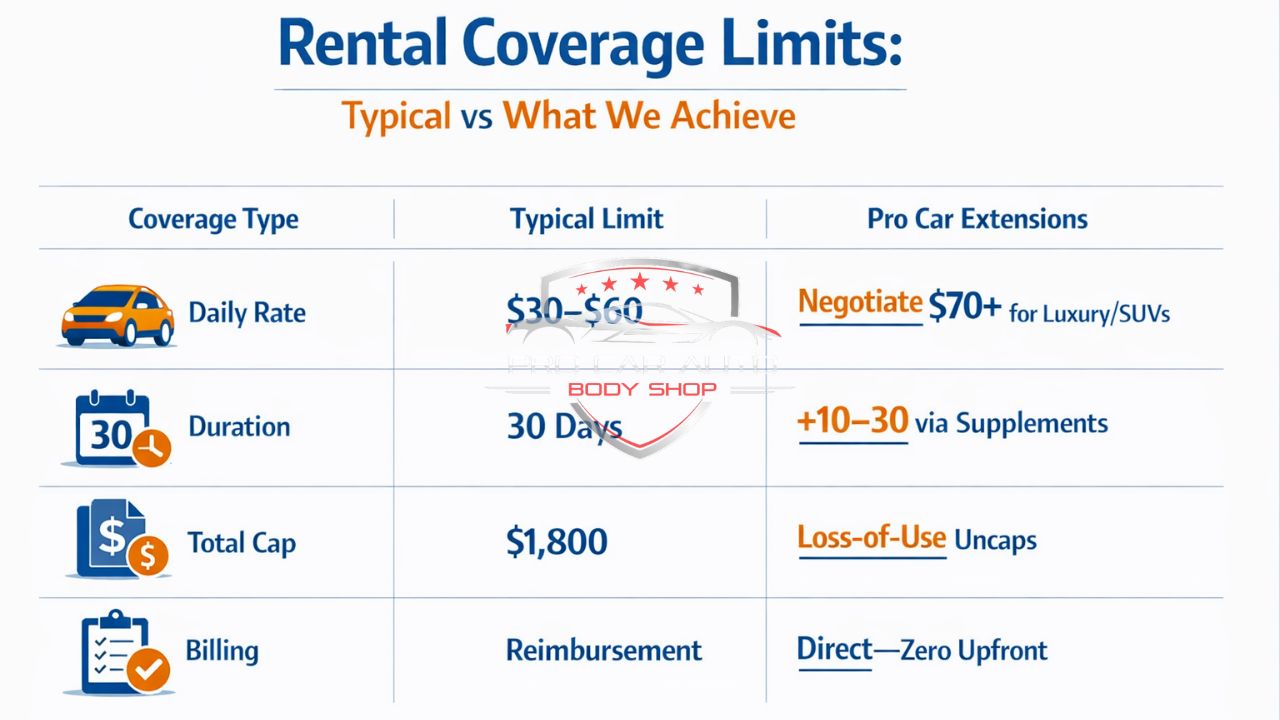 Rental car coverage limits infographic showing daily rate, duration, total cap, and billing differences during insurance claim repairs.