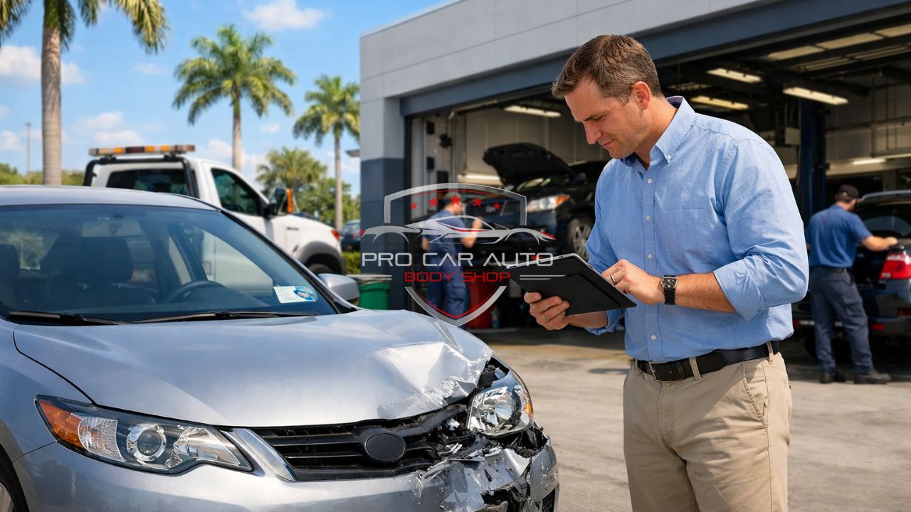 Auto insurance claim inspection in Florida showing damaged car at collision repair shop with technician documenting damage for insurance approval.