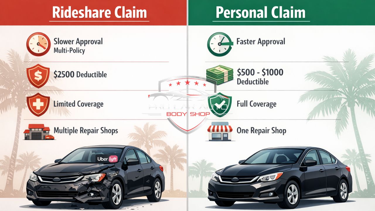 Rideshare vs personal insurance claims comparison in Florida showing differences in approval time, deductible costs, coverage limits, and repair process for Uber and Lyft drivers.