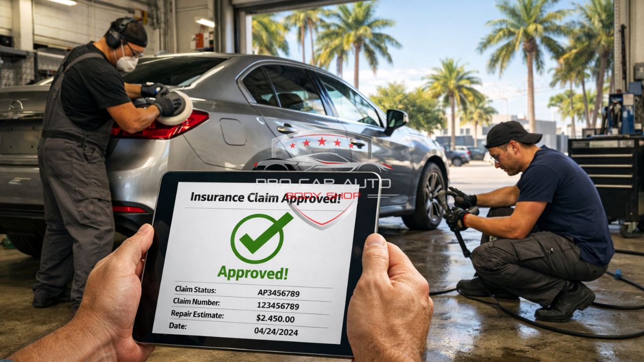 Technicians performing auto body repair after insurance claim approval in a Florida shop, with a digital screen showing approved status.