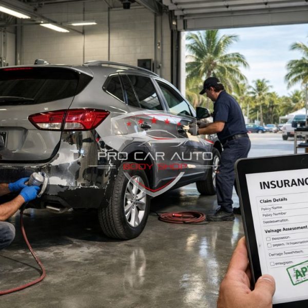 Technicians performing same day auto body repair with insurance claim approval on a damaged vehicle in a Florida collision repair shop 