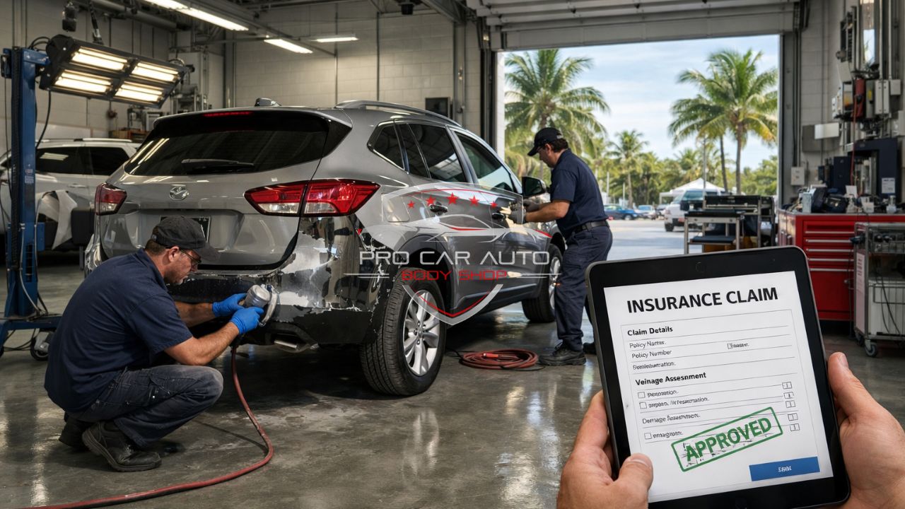 Technicians performing same day auto body repair with insurance claim approval on a damaged vehicle in a Florida collision repair shop 