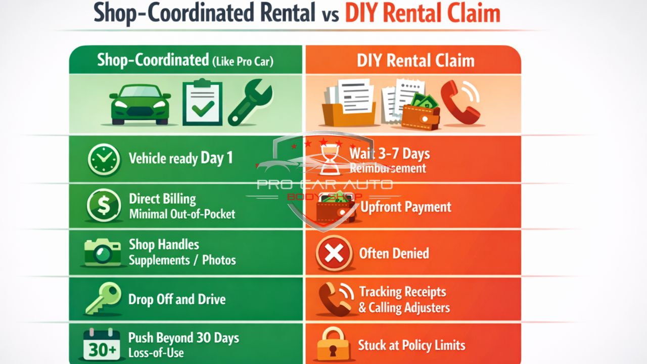 Shop-coordinated rental vs DIY rental claim infographic showing benefits of auto body shop rental coordination during insurance claim repairs.