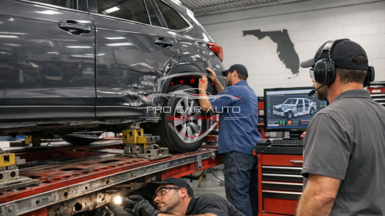 Florida auto body shop performing frame and unibody repair on damaged SUV using computerized measuring system and structural inspection equipment.