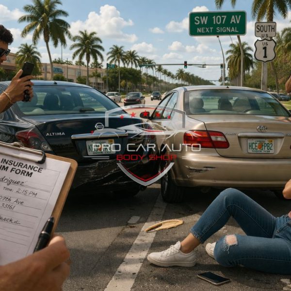 Staged car accident scenario in Florida showing insurance claim form, injured passenger, and drivers documenting crash, highlighting potential insurance fraud risks 