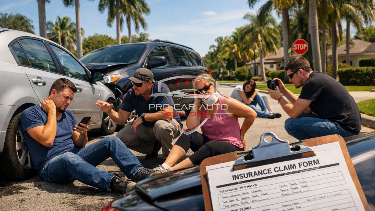 Multiple people at a car accident scene in Florida appearing to stage injuries while documenting the crash, illustrating signs of insurance fraud and suspicious claims.