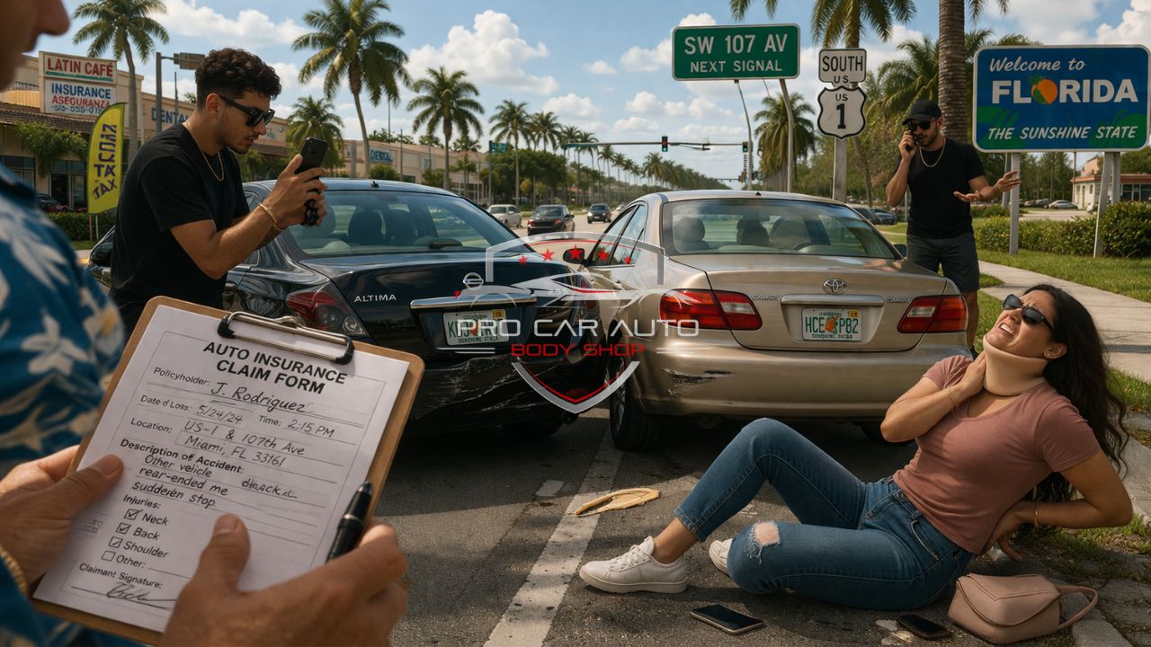 Staged car accident scenario in Florida showing insurance claim form, injured passenger, and drivers documenting crash, highlighting potential insurance fraud risks 