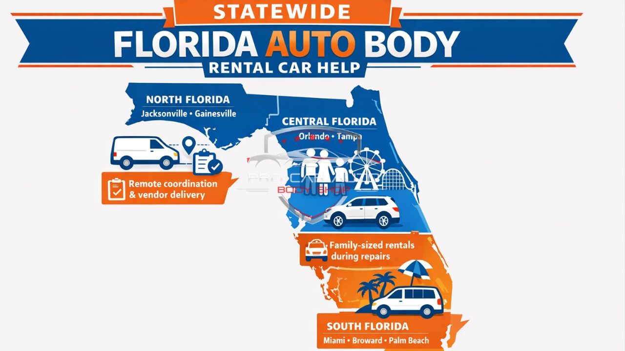 Florida statewide auto body rental car assistance infographic showing coverage across North Florida, Central Florida, and South Florida.