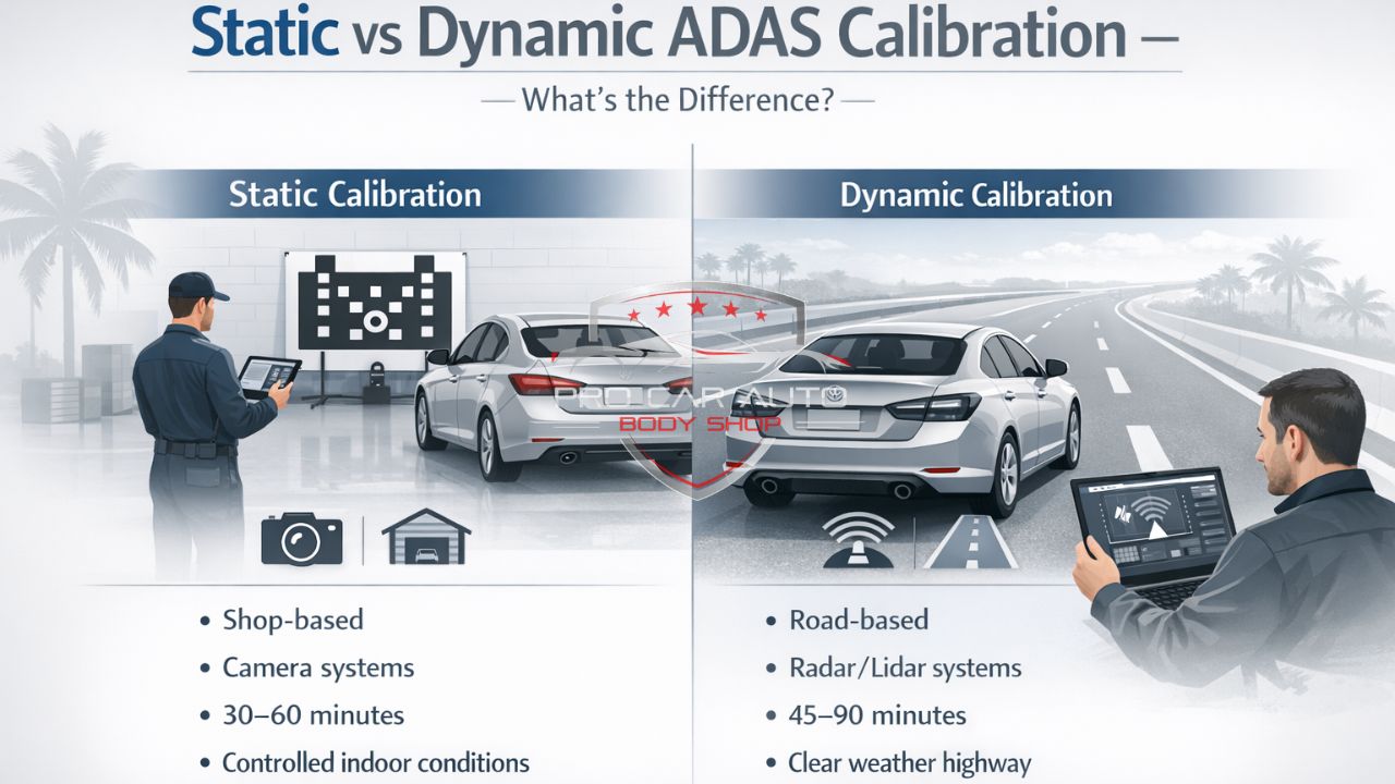 Comparison of static vs dynamic ADAS calibration showing shop-based target board calibration and road-based sensor calibration for vehicle safety systems.