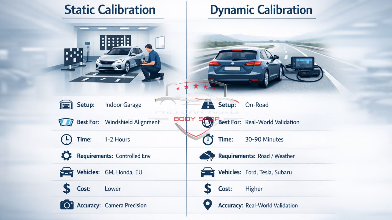 Comparison of static and dynamic ADAS calibration methods showing indoor target-based setup versus on-road calibration for lane departure systems.