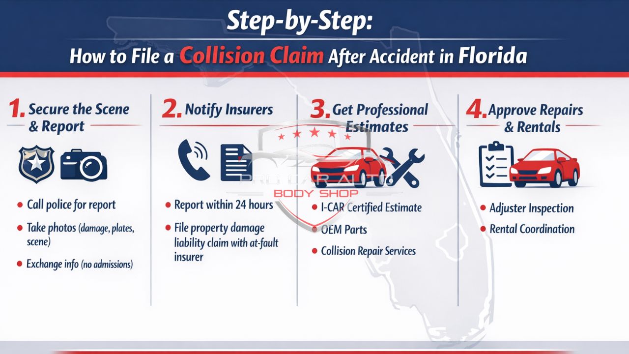Infographic showing step-by-step how to file a collision insurance claim after a car accident in Florida, including securing the scene, notifying insurers, getting professional repair estimates, and approving repairs and rental coordination.